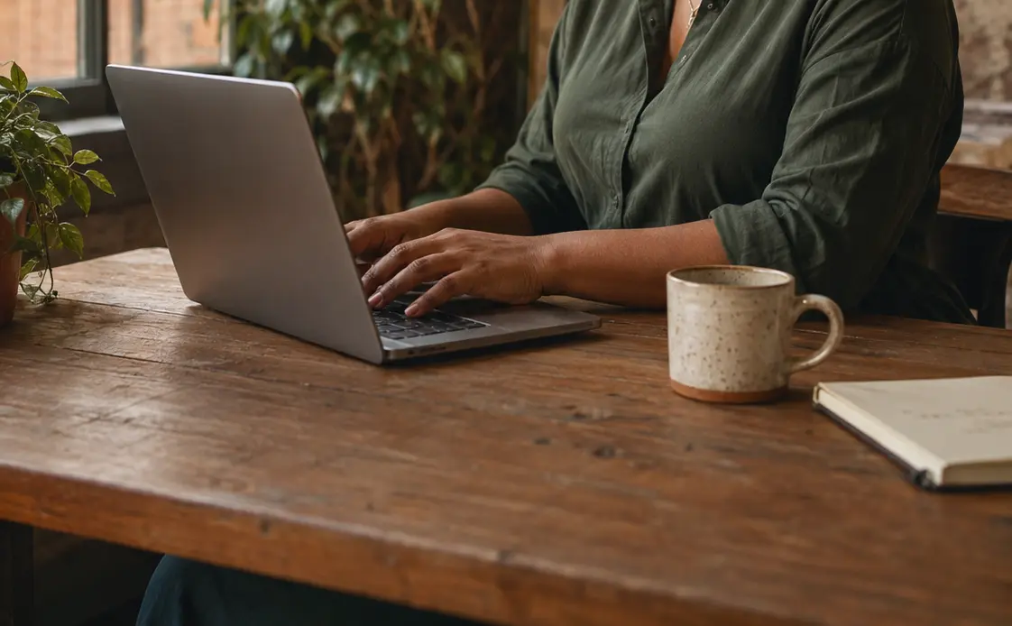 Hands working at a laptop on a wooden studio table